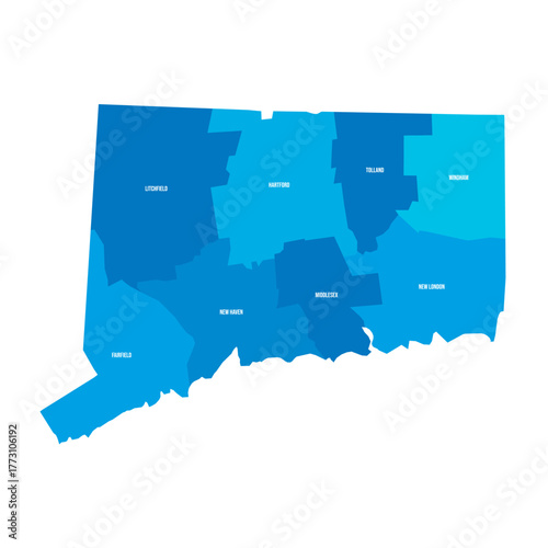 Connecticut, CT - detailed political map of US state. Administrative map divided into counties. Blue map with county name labels. Vector illustration