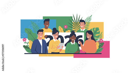 Diverse team smiling looking forward to 2026 Business collaboration and success planning