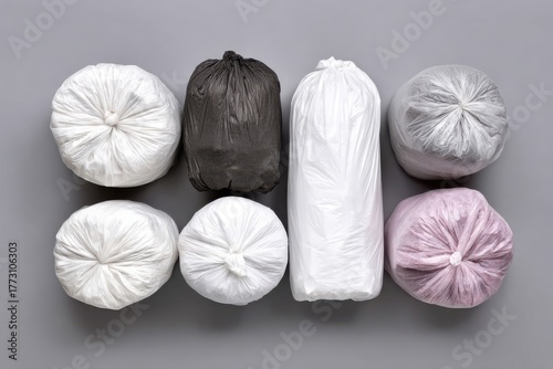 Collection of Garbage Bags on Gray Background Waste Disposal and Recycling Concept