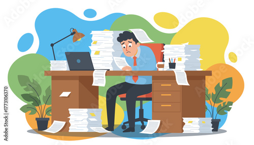 Stressed businessman overwhelmed by huge stacks of paperwork and deadlines