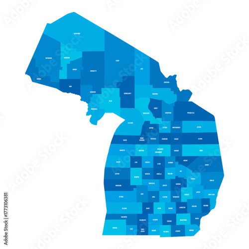 Michigan, MI - detailed political map of US state. Administrative map divided into counties. Blue map with county name labels. Vector illustration