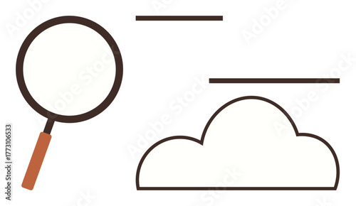 Magnifying glass near cloud with parallel lines denoting data movement, access, and discovery. Ideal for data analysis, cloud computing, search, research, innovation, IT internet connection a simple