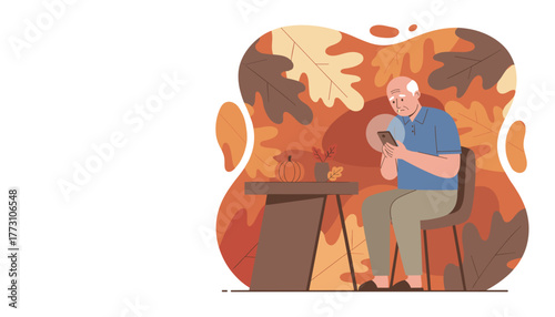 Elderly man concentrating on using his smartphone during the autumn season