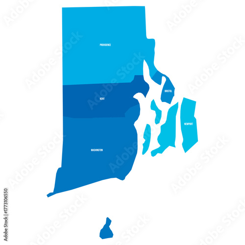 Rhode Island, RI - detailed political map of US state. Administrative map divided into counties. Blue map with county name labels. Vector illustration