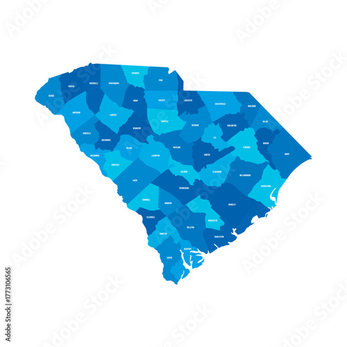 South Carolina, SC - detailed political map of US state. Administrative map divided into counties. Blue map with county name labels. Vector illustration
