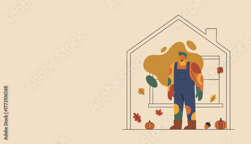 Minimalist autumn concept illustration of a person in overalls standing inside an abstract house outline
