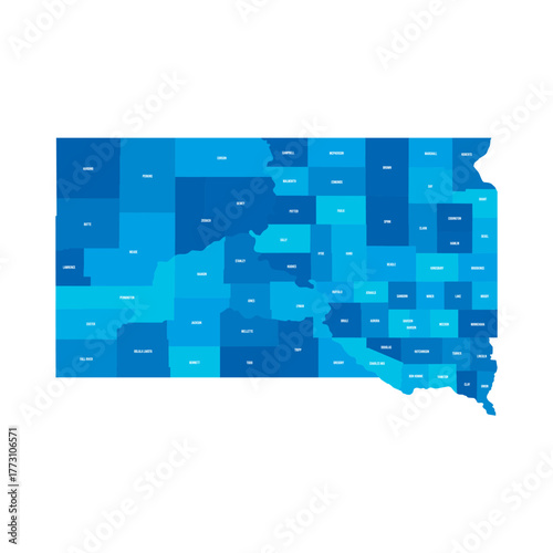 South Dakota, SD - detailed political map of US state. Administrative map divided into counties. Blue map with county name labels. Vector illustration