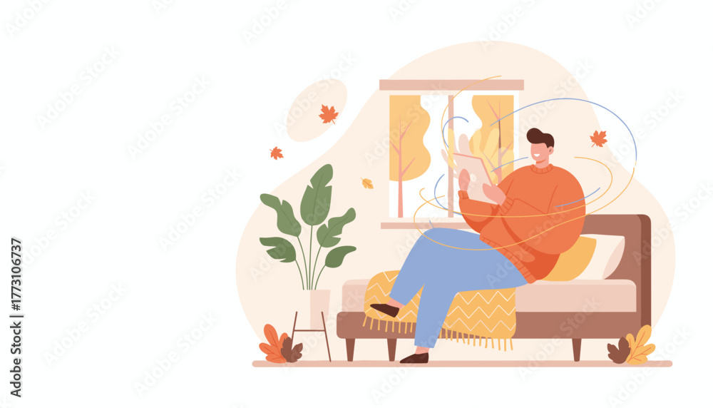 Naklejka premium Man relaxes indoors using a tablet during cozy autumn weather illustration