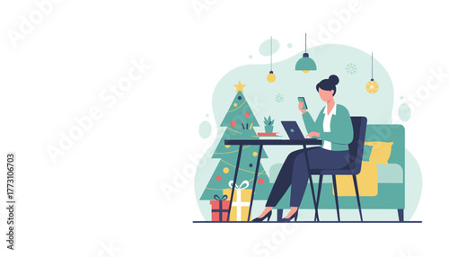 Remote work during holidays Woman uses laptop and phone by a Christmas tree and gifts