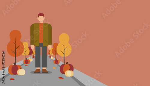 Minimalist flat design of a man walking past pumpkins and fall trees Autumn season concept vector background