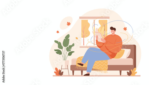 Man relaxes indoors using a tablet during cozy autumn weather illustration