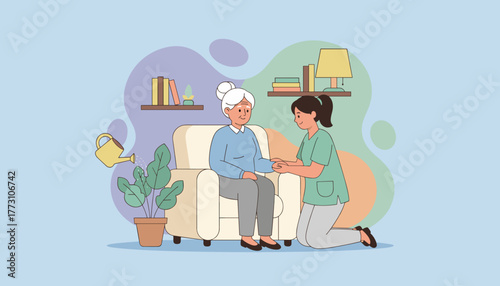 Professional caregiver comforts senior woman at home Home care assistance and support illustration