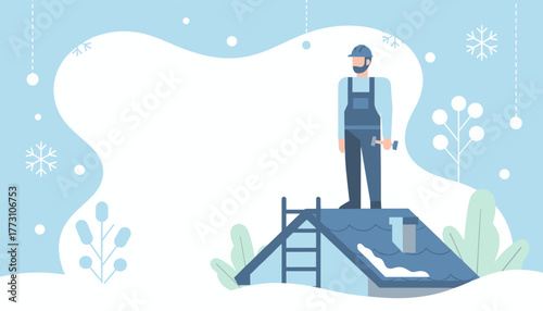 Contractor on snowy rooftop with hammer Winter home repair vector background template