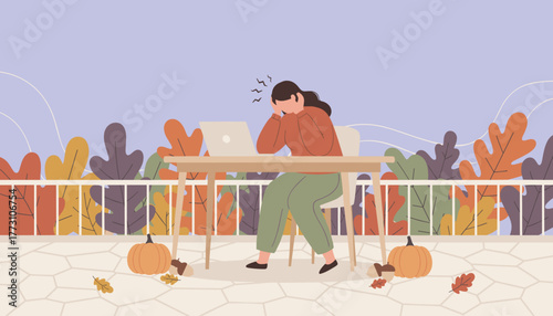 Overwhelmed woman stressed while working remotely outdoors during autumn Burnout and mental health