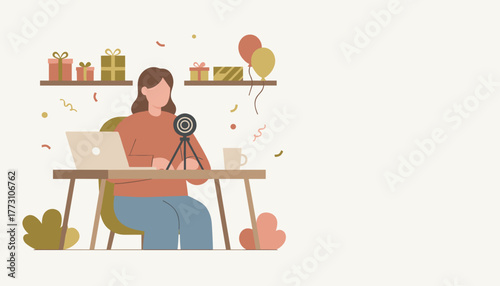 Woman recording a video stream at home with gifts and balloons Vlogging online event celebration