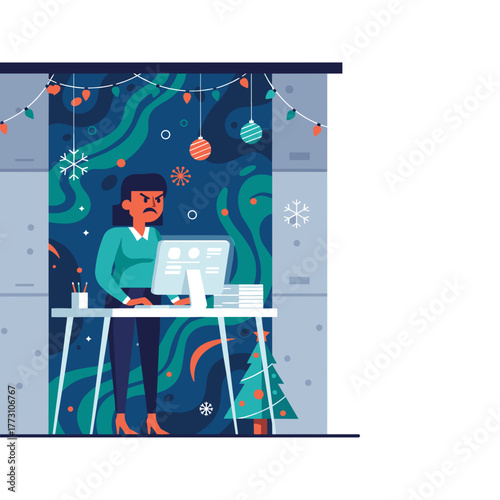 Angry employee working late during the Christmas holidays stressed with winter business deadline