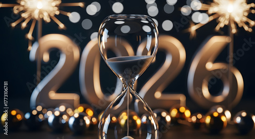 Modern New Year background with glass hourglass counting down the final seconds, metallic 2026 typography blurred in background, cinematic tone