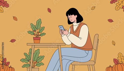 Woman texting on phone in cozy fall setting with potted plants and decorative pumpkins
