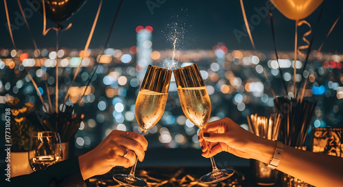 Luxury New Year’s Eve celebration at an elegant rooftop bar, golden champagne glasses clinking with city lights in the background, black and gold decorations, festive bokeh lights