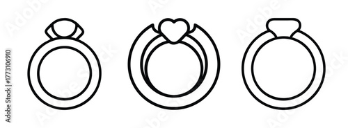 Outline vector drawing of three decorative pendants with oval shapes and heart and teardrop tops