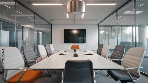 Modern conference room interior with white table and stylish chairs for business meetings and presentations in a corporate setting
