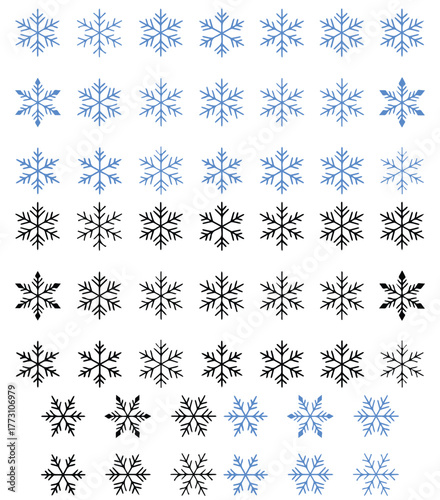 Elegant snowflakes in gradient blue to black colors for winter holiday designs, creating magical, festive, and icy backgrounds, invitations, and patterns