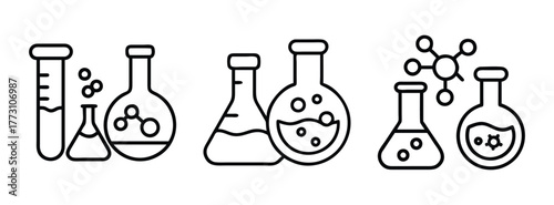 Science lab equipment vector illustration featuring beakers flasks and test tubes outline drawing