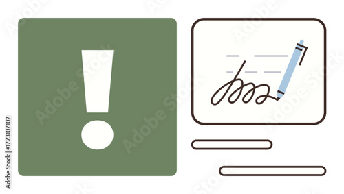Green square with white exclamation mark next to a digital signature pad and pen. Ideal for documentation, security, alert, consent, signing, authentication, responsibility. Simple flat metaphor