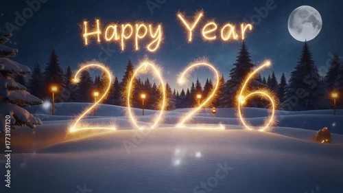 Sparkling happy new year 2026 celebration in winter wonderland with glowing lights and moonlit snow animation holiday event background