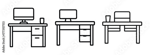 Office desk setup with computer monitor and drawers vector illustration for workspace design
