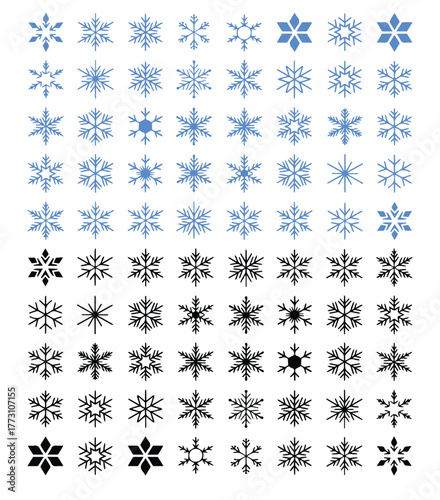 Delicate snowflake collection in gradient shades of blue and black for winter designs and holiday themes that bring a touch of frosty elegance