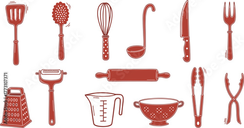 Stock vector icon set of kitchen knives, fork, and spoon for cooking and restaurant design
