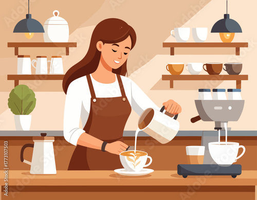 A young woman barista wearing an apron pours milk into a coffee cup, creating latte art at a cafe counter with shelves and an espresso machine.