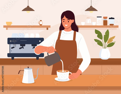 A smiling barista pours milk into a cup of coffee, creating latte art in a cafe setting with shelves and a coffee machine in the background.