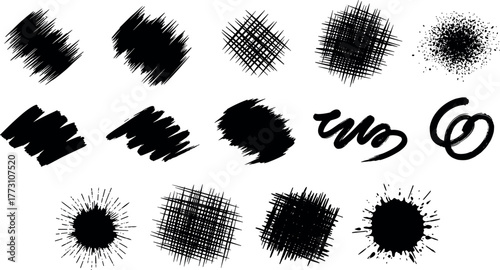 Collection of fifteen black brush stroke and splatter vector graphics on white background on transparent background