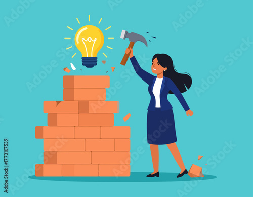 A businesswoman breaks down a brick wall with a hammer, symbolizing overcoming obstacles to reach a bright idea represented by a light bulb.