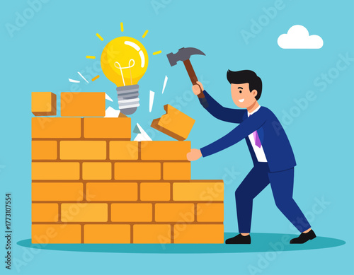 A businessman in a suit uses a hammer to break down a brick wall, revealing a glowing lightbulb symbolizing an idea.
