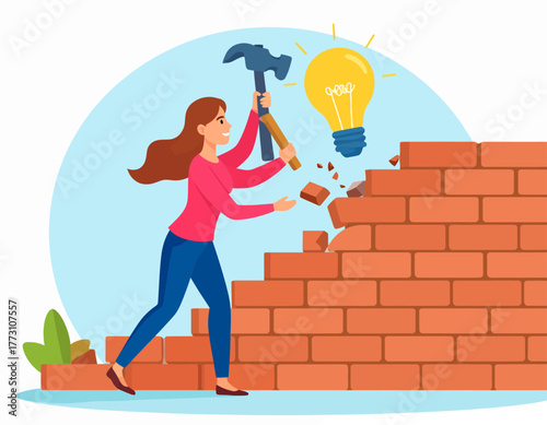 A woman is breaking down a brick wall with a hammer, symbolizing overcoming obstacles and achieving new ideas, represented by a light bulb.