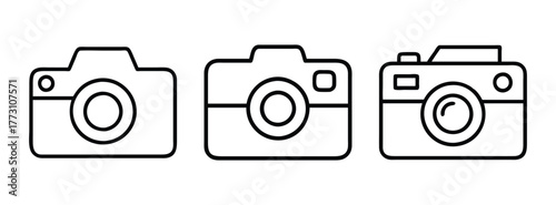 Three camera outline vector illustration for photography equipment and digital device design needs