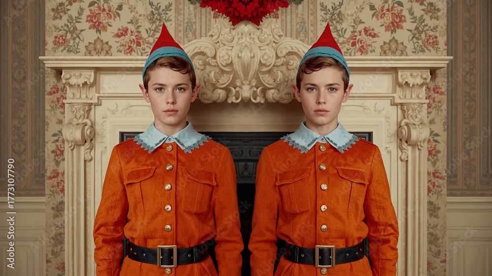 Obraz premium Two young figures dressed in bright orange outfits with blue accents stand in front of a festive backdrop during the holiday season