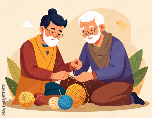 Two elderly men are sitting together, knitting with colorful yarn, enjoying a shared hobby and companionship in a cozy setting.