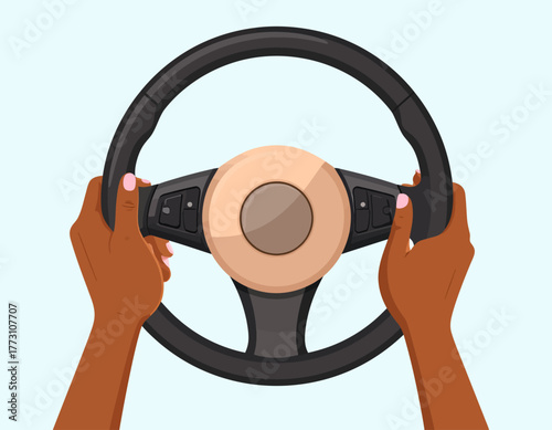 Illustration of dark-skinned hands holding a black steering wheel with a beige center on a light blue background.