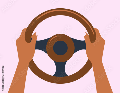 Illustration of two hands holding a wooden steering wheel against a light pink background, suggesting driving or control.