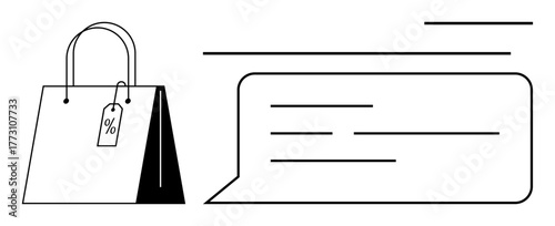 Shopping bag with discount tag and speech bubble showcasing text for promotional offers, discounts, feedback, or customer inquiries. Ideal for e-commerce, retail marketing, customer support, sales