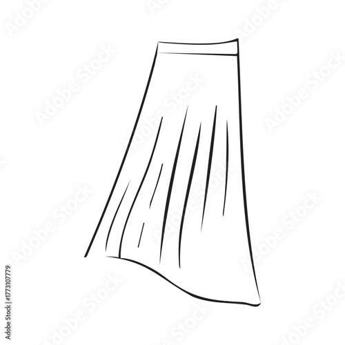Sketch Doodle of long pleated Skirt. Contour ribbed Pleats. Simple fashionable drawing of woman wardrobe. Black and white pencil-drawn Clothes. Isolated line art. Outline. Vector illustration