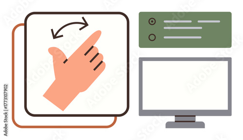 Hand swiping gesture above control panel, displaying interaction on screen. Ideal for user interface, technology, connectivity, innovation, communication, commands, simple flat metaphor