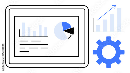 Digital dashboard featuring bar graph, pie chart, upward trend arrow, and gear for analytics, growth tracking, business strategy, performance, efficiency, data management and simple flat metaphor