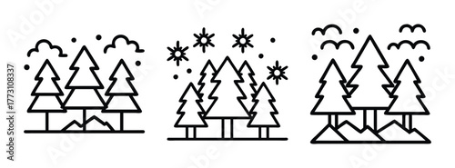 Minimalist winter forest scene with pine trees snow and birds simple black and white drawing art
