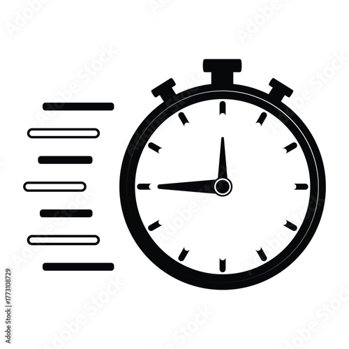 Black and White Stopwatch Icon with Motion Lines Indicating Speed and Urgency Time Sensitive simple black