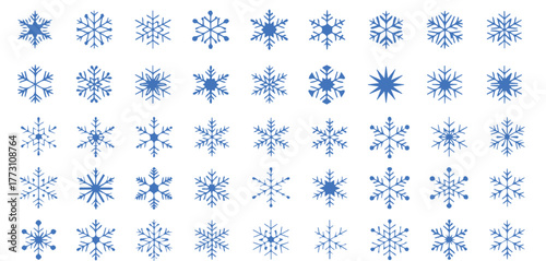 Elegant collection of forty-two blue snowflakes for winter holiday designs, frosty backgrounds, and seasonal graphic projects, adding a festive touch